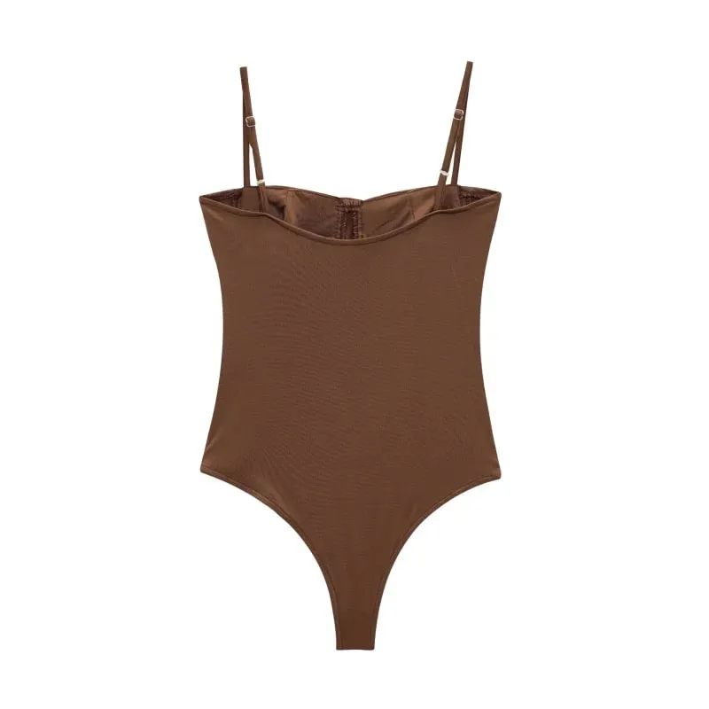 2026 Sexy Underwire Spaghetti Strap Bodysuit for Women – Spring Summer Slimming Bodycon Daily Outfit with Flare Jeans