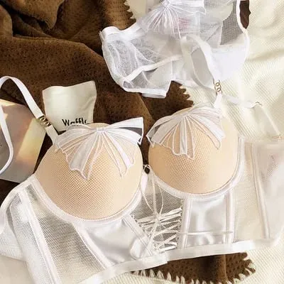 Bowknot Gauze Perspective Sexy Push Up Underwear Set Thick Small Bra Briefs Panties Lengthen Adjustable Intimates Belt