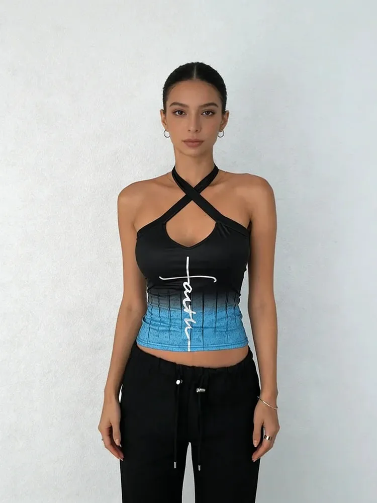 Women's Tank Top Spring Summer Black Blue Gradient Halter Cross V Neck Cutout Handwritten Letter Slim Cropped Chic Daily Casual
