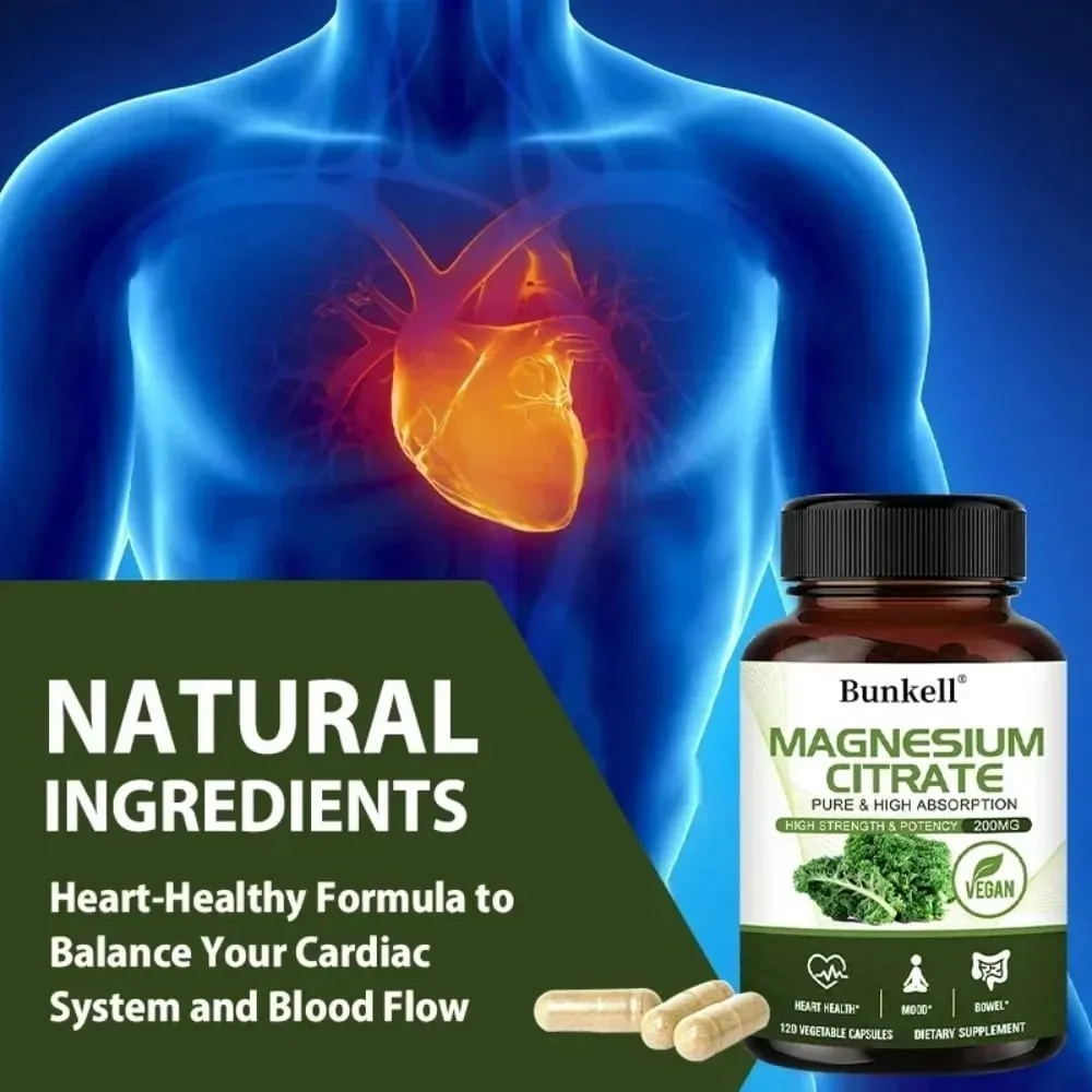 Magnesium Citrate Capsules 200 Mg - Maximum Absorption for Muscle Nerve Bone and Heart Health Gluten Free Non-GMO