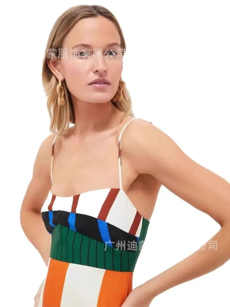 Elegantní s vysokým pasem 2025 Party Dlouhé šaty Móda Ležérní Nové Pruhované Barevné Ženy Sexy Špagetový pásek Bohémské Mixi Šaty — image 6