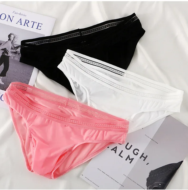 New Men's Ice Silk Briefs Ultra-thin Quick Dry High Elastic Lace Waistband Panties Sexy Seamless Breathable Bikini Underwear — image 4
