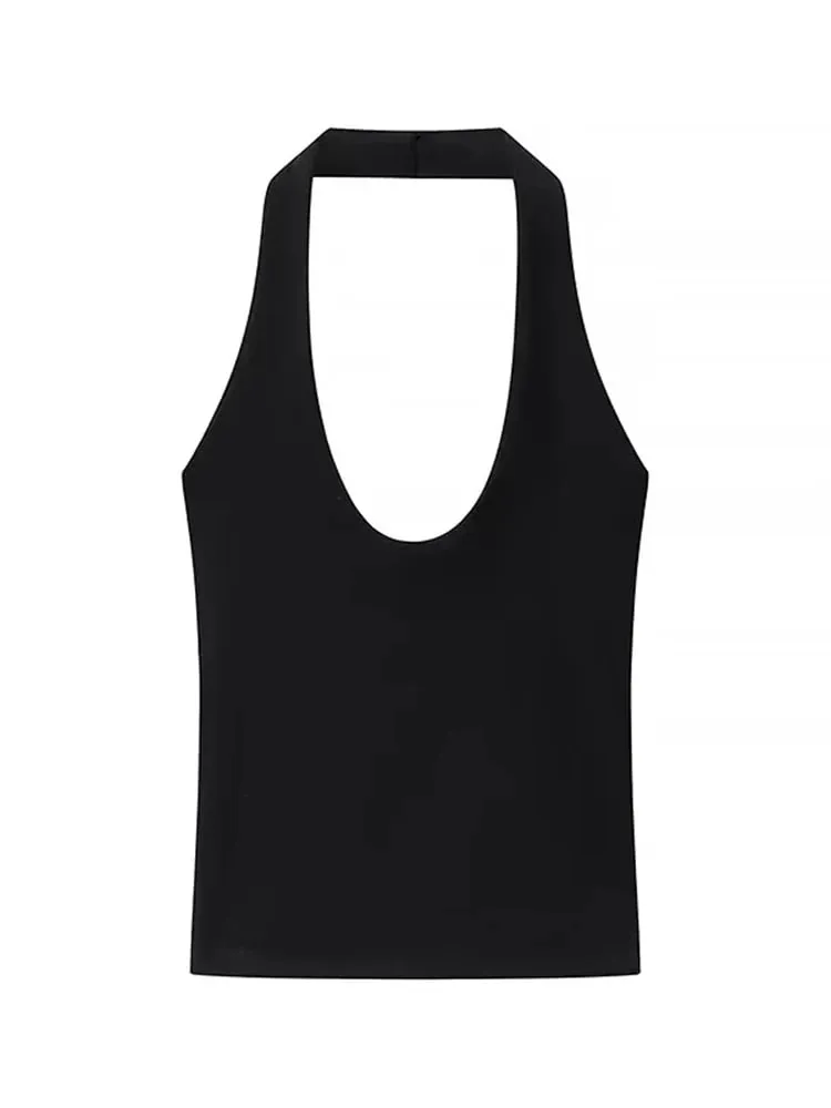2025 Summer New Women's Solid Color Series Halter Collar Slim Backless Basic All-match Top