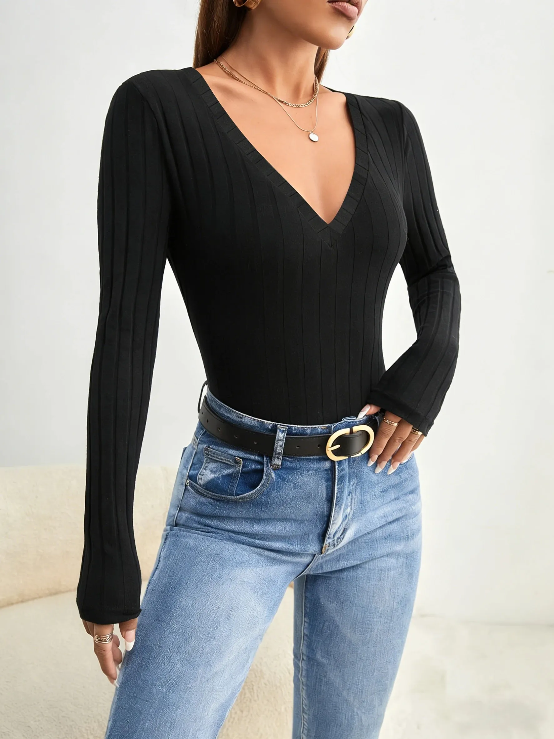 Women Black Ribbed Knit V Neck Long Sleeve Bodysuit Casual Slim Fit Form Fitting Jumpsuit For Daily Wear Streetwear & Elegant St — image 3