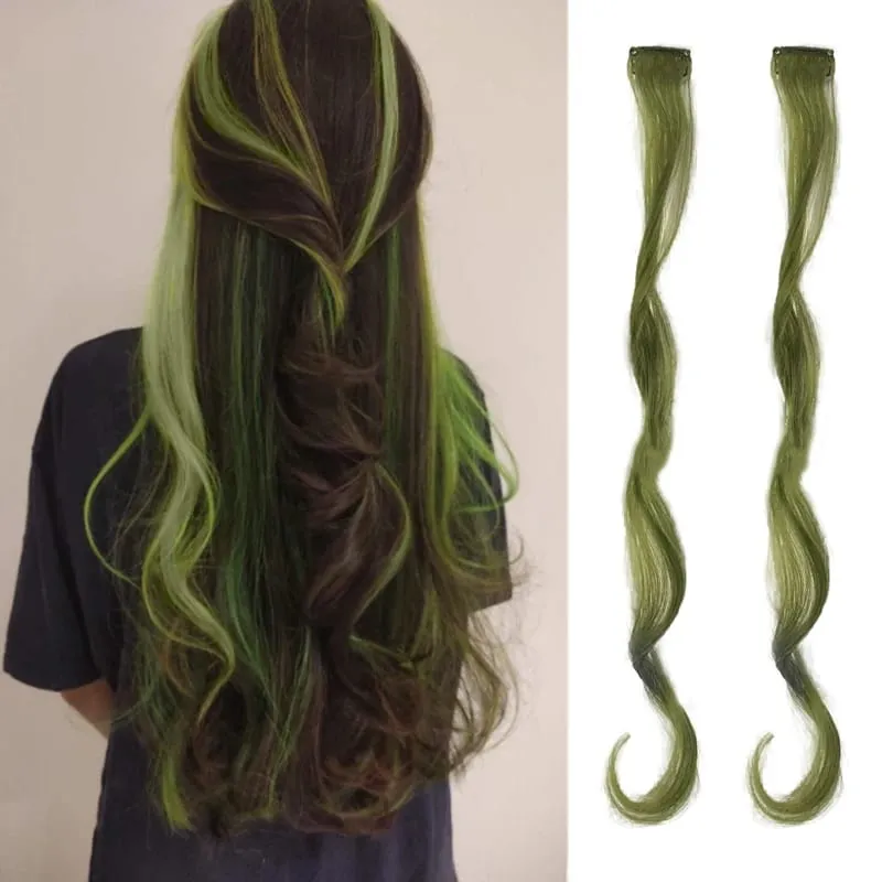 2PCS Rainbow Mixed Color Clip In Hair Extensions 20 Inch Curly Synthetic Hair for Girls Women Halloween Cosplay Party