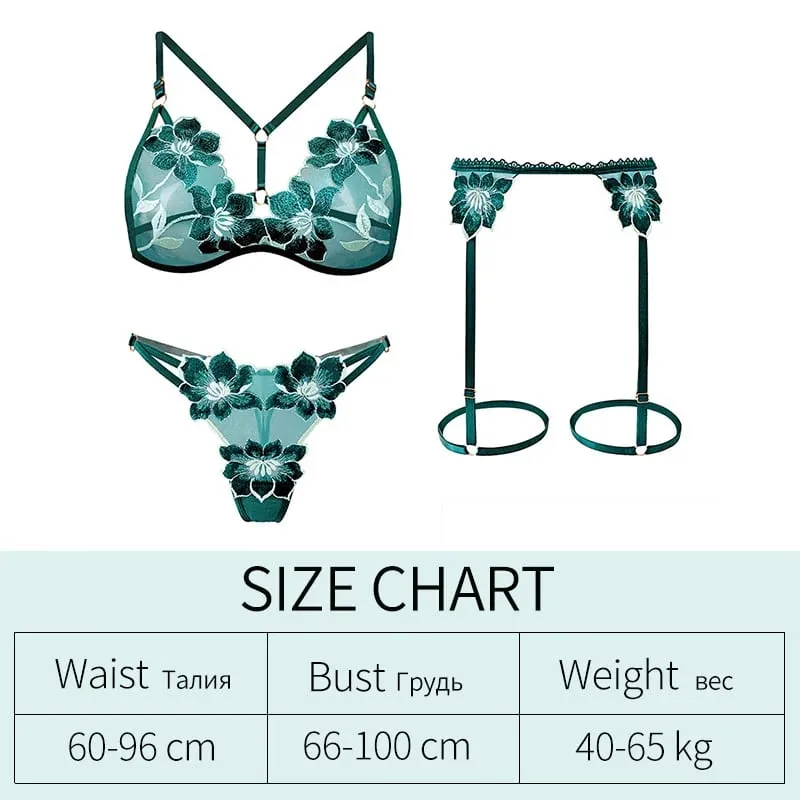 3Pcs/Set Flower Sexy Bra Set Women Bralette Girls Lace Underwear Thong Erotic Transparent Bras Lingerie Panty Sets