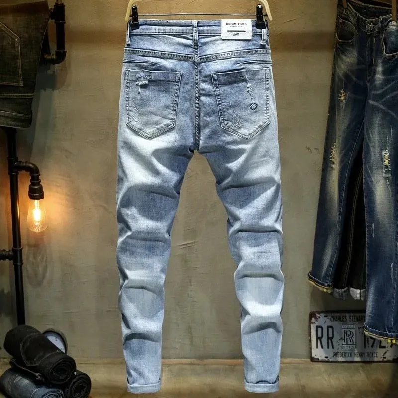 Spring and Autumn New Fashion Trend Solid Color Perforated Straight Leg Elastic Jeans Men's Casual Sports High-Quality Jeans — image 3