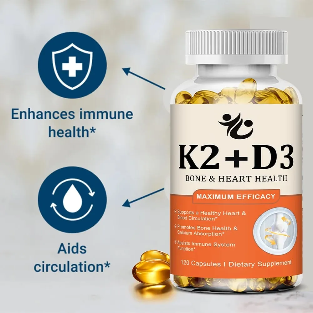 Vitamin D3 5000 IU + K2 MK-7 100mcg Capsules Support Nutrient Absorption Metabolism Bone Heart Health & Immune System