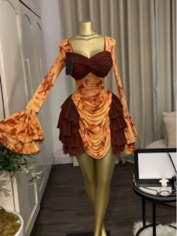 CM.YAYA Kvinder Tie Dye Print Cascading Flæser Bell Langærmet Bodycon Ruched Draperet V-hals Kjole Ferie Strand Ferie Kjoler — image 8