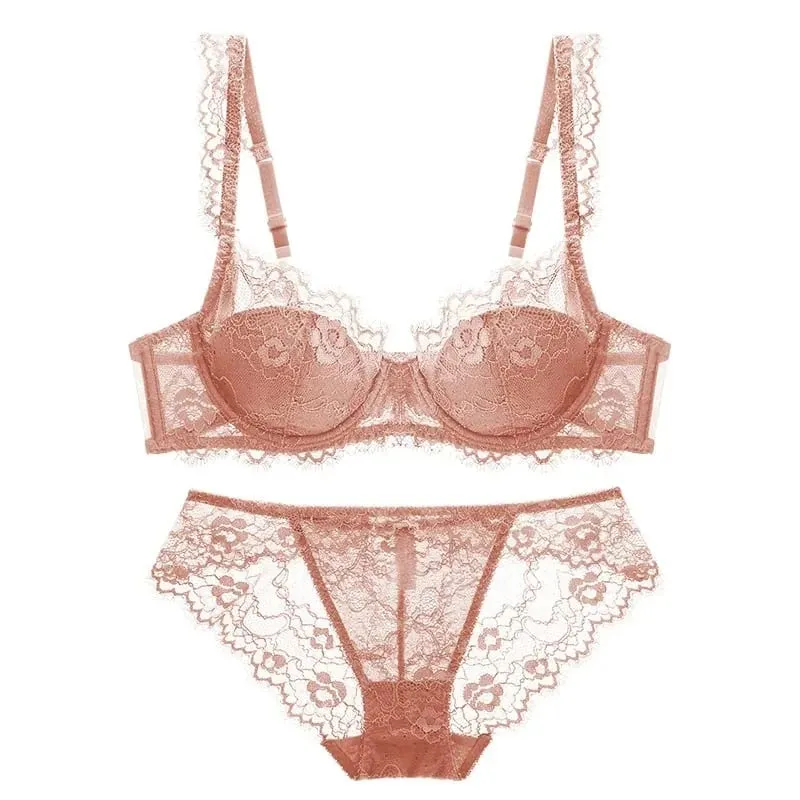 Women Sexy Lace Bra Set Padded Push Up Bra and Panty Set Elegant Ladies Brief Set Thin See Through Underwear