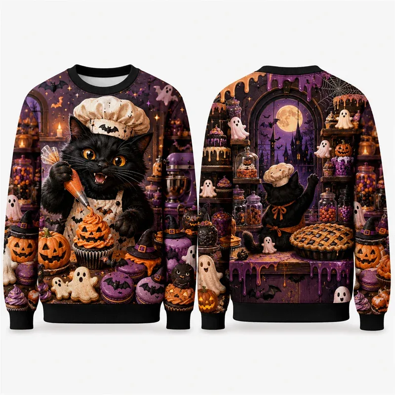 Pumpkin Ghost Graffiti Sweatshirt Halloween Mens 3D Print Polyester Crew Neck Long Sleeve Hip Hop Fashion Pullover Oversized Fit — image 4