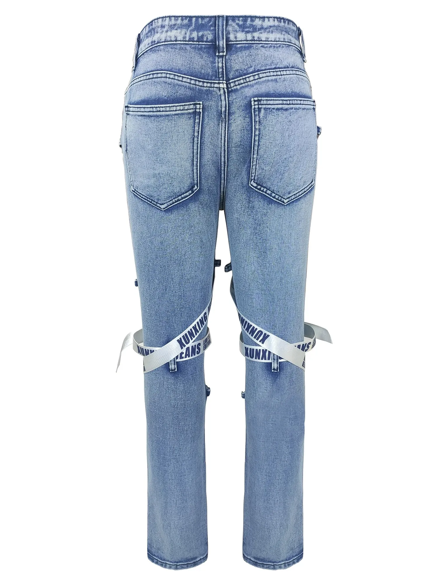 Men's jeans slim fit motorcycle straps blue denim trousers washed blue cut holes multi-craft hip-hop streetwear daily men Pants