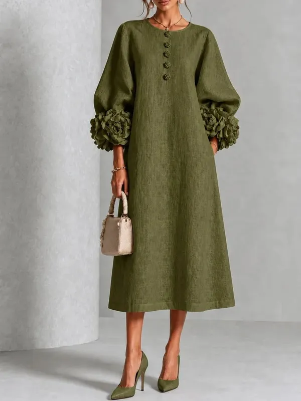 Elegant Women Linen Midi Dress O Neck 3D Floral Lantern Sleeve Button Loose Straight Long Dress Modest Casual Party Dresses