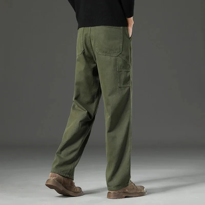 High Quality Spring New Style Straight Loose Men's Casual Pants Rivet Splicing Safari Style Cotton Trousers Army Green Jeans