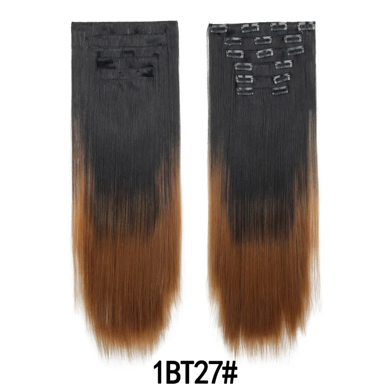 6Pcs 24 inch Ombre Color Clip-in Hair Extensions Long Synthetic Straight Hairpieces Layered Soft Invisible Clip Ins Extensions