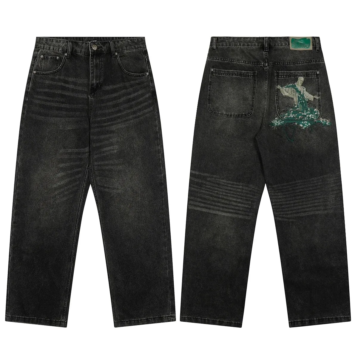 High Street Flower koi Fish Embroidery Baggy Jeans Pants for Men and Women Pantalones Hombre Straight Denim Trousers Oversized