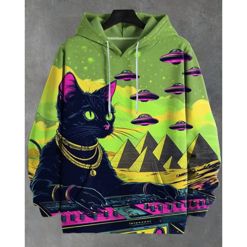 2026 Men's Hoodies Funny Hip Hop Black Cat DJ Art UFO 3D Printed Sweatshirt Men Women Tracksuit Oversized Casual Street Y2k Coat