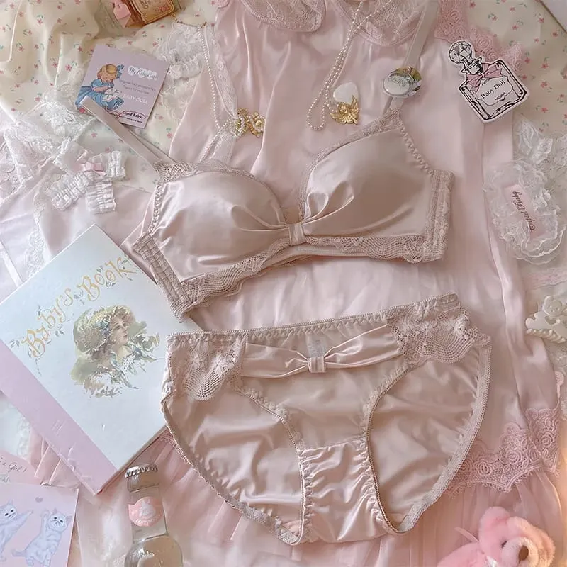 Pink princess thickened small chest big underwear female gathered modal latex lingerie panty suit bow no steel ring bra set