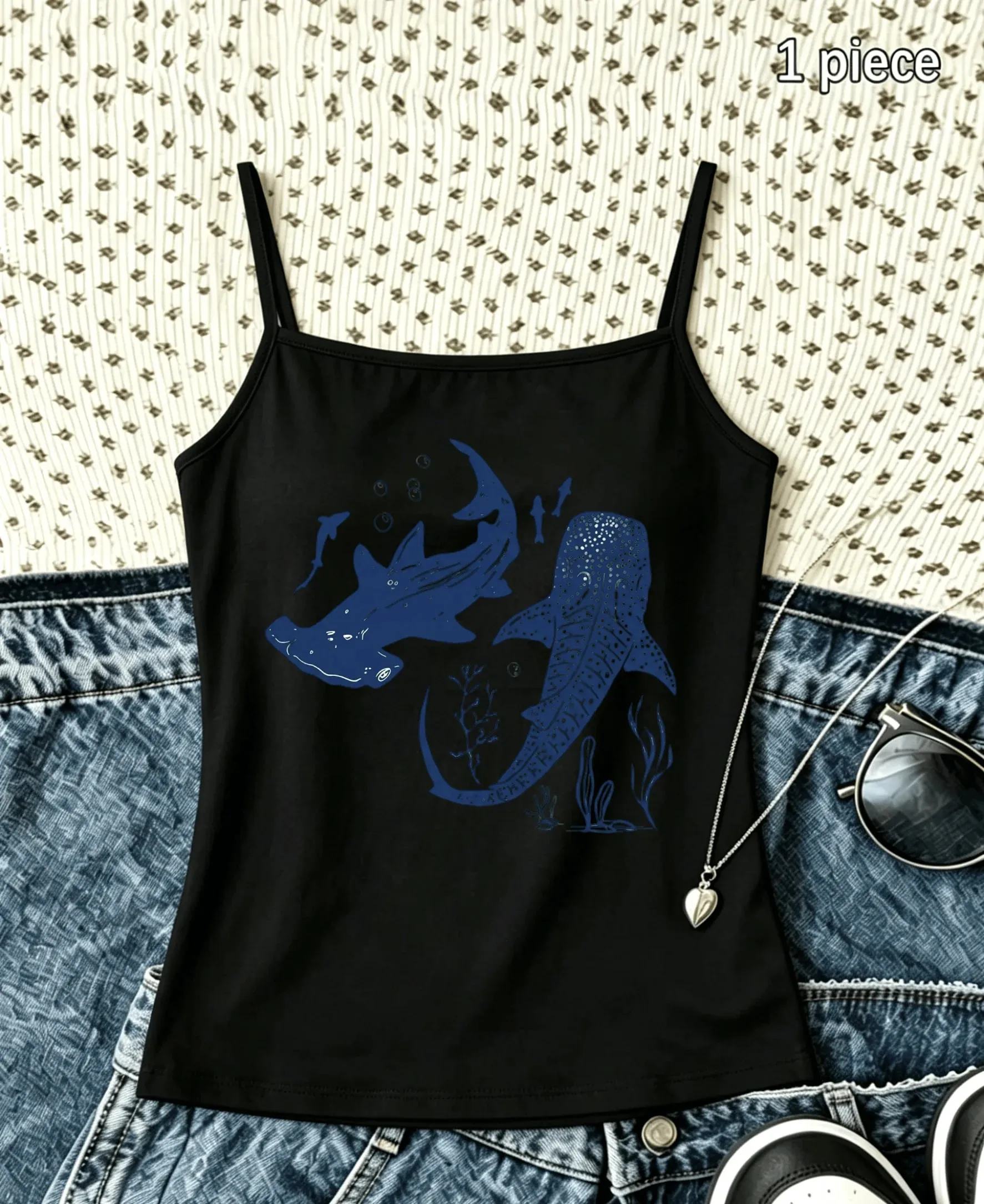 Coastal Beach Aesthetic Women Spaghetti Strap Camisole Vintage Whale Shark Marine Print Slim Sleeveless Summer Daily Tank Vest