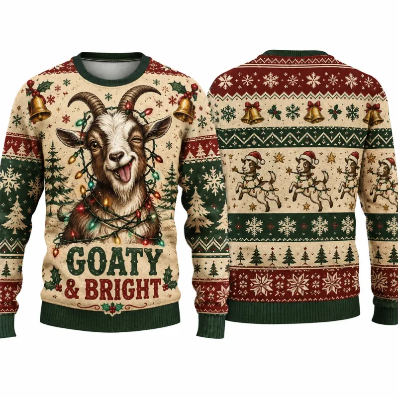 Goaty And Bright Christmas Sweatshirt Funny Goat 3D Printed Crewneck Long Sleeve Unisex Ugly Xmas Sweater Holiday Party Pullover