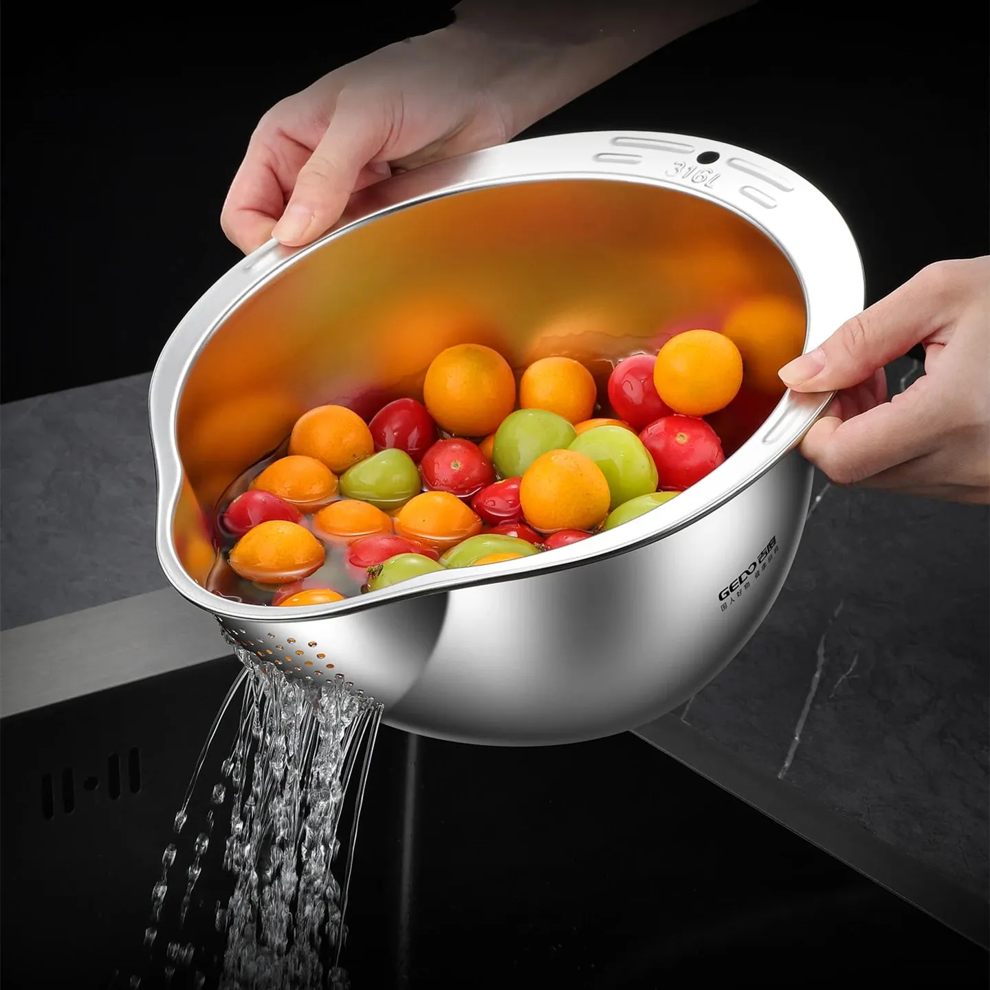 LFGB Certification 316L Stainless Steel Kitchen Washing Basin 99.9% Anti-bacterial Rice Fruit and Vegetable Cleaning Strainer