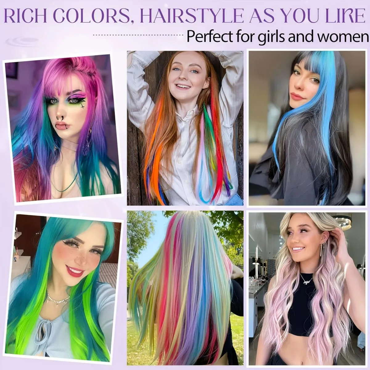 12 Pcs/lot Clip in Hair Extensions Multi-Colors Highlights Synthetic Hair 22 inch Rainbow Hairpieces for Girls Women Kids