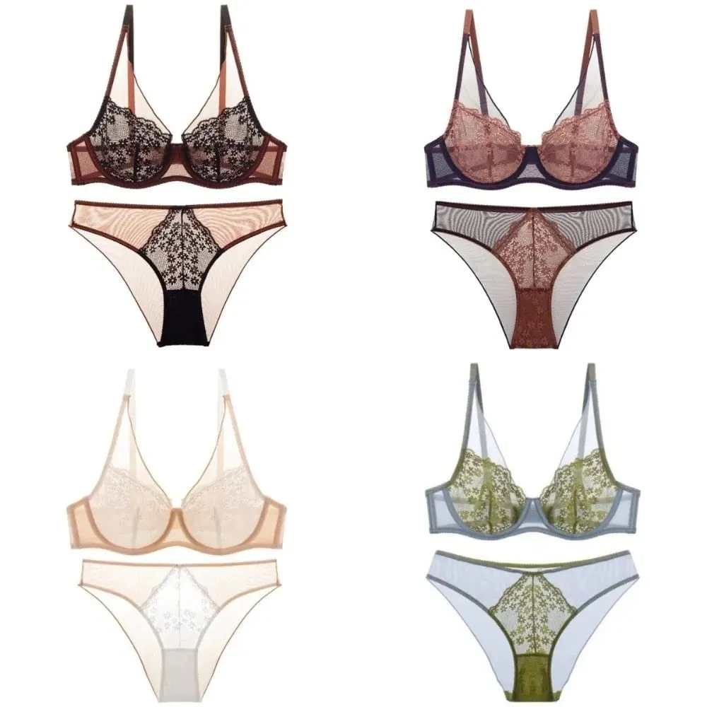 French Vintage Mesh Lace Flower Bra Set Lingerie Brassiere Mesh Bra Panties Kit Thin Underwear Push Up Bra Women Girl