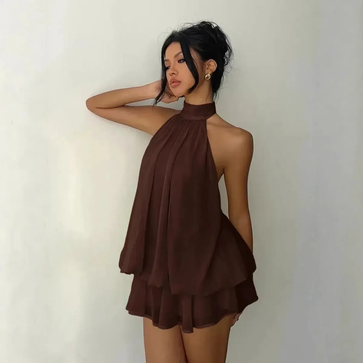 Women's Halter Neck Dress Backless Tie-Front Chiffon Sheer Mini Skirt Fashionable Sexy Y2K Vintage Cute Party Birthday Dress — image 2