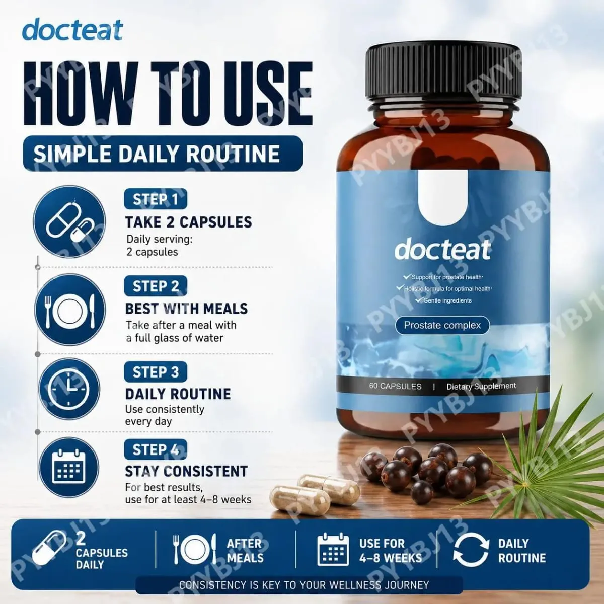 Docteat Prostate Complex Capsules Support Prostate Health and Urine Flow with Herbal Saw Palmetto and Pygeum 60 Capsules