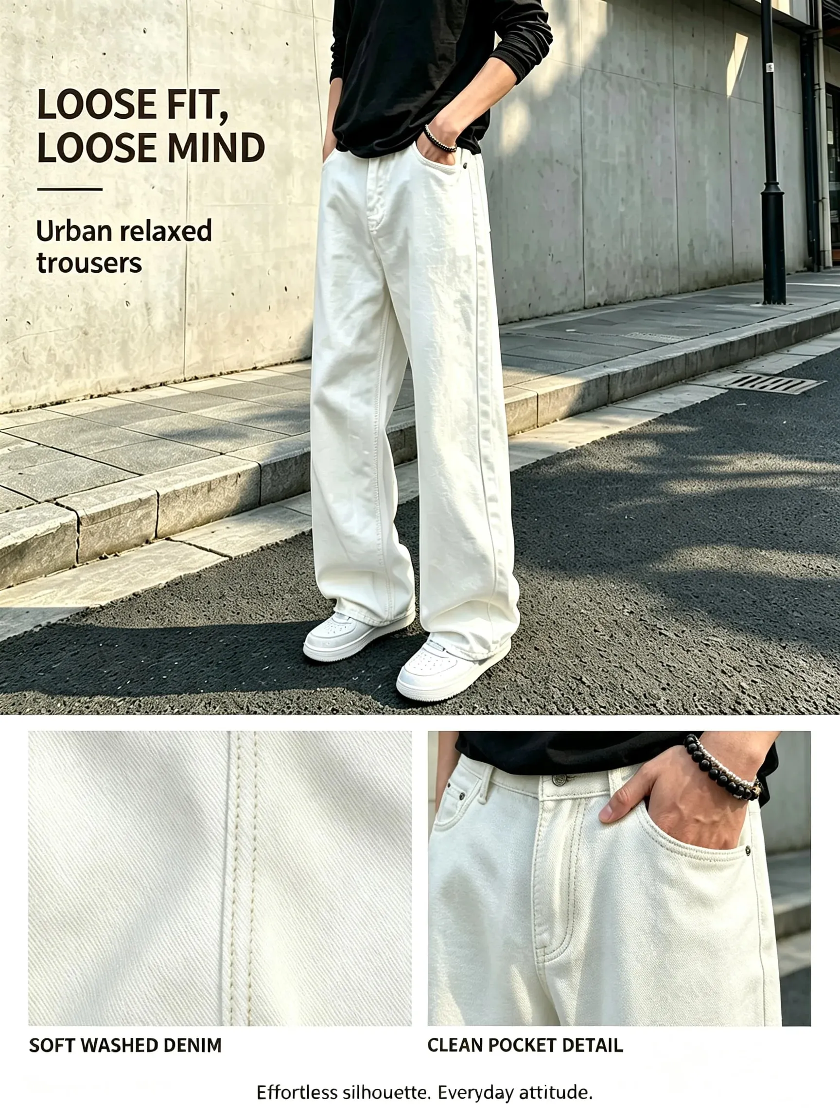 Baggy Jeans for Men Retro Style Solid White Loose Wide Leg Denim Trousers Men Casual Daily Streetwear Washed Men's Jeans Pants — image 5