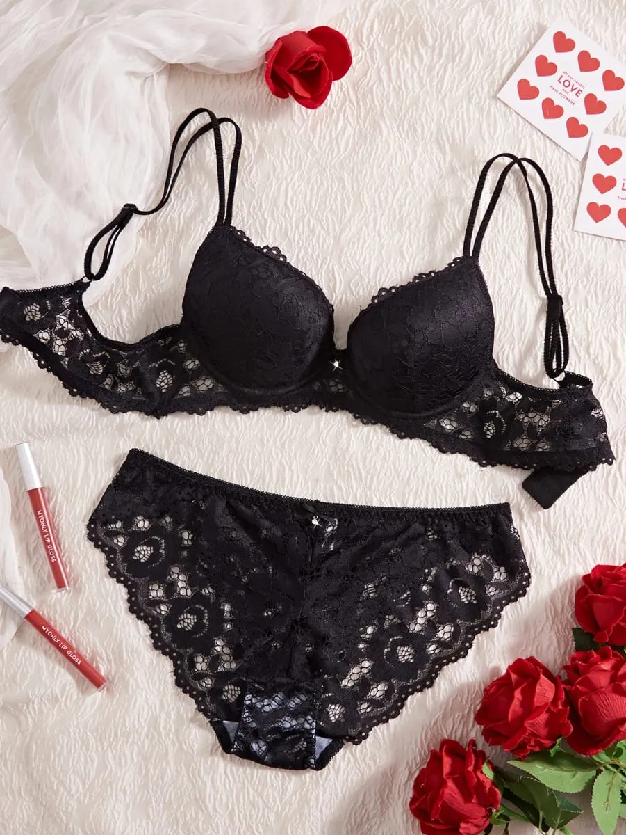 6-Piece Solid Women's Underwear Set Floral Lace Push Up Bra Sexy Hollow Out Panties Comfortable Lingerie Set