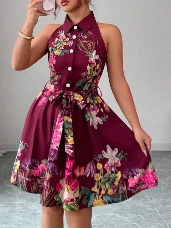 A Line Vestidos Y2k Street Wear Halter Print Floral Elegant Splice Party Night Work High Waist Short Dress Women Dresses — image 5