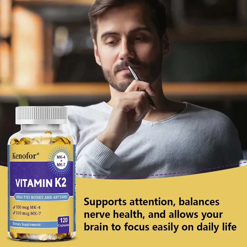 Vitamin K2 Capsules - MK-4 & MK-7 Support Calcium Metabolism Bone Teeth Joint & Cardiovascular Wellness Daily Immune Balance