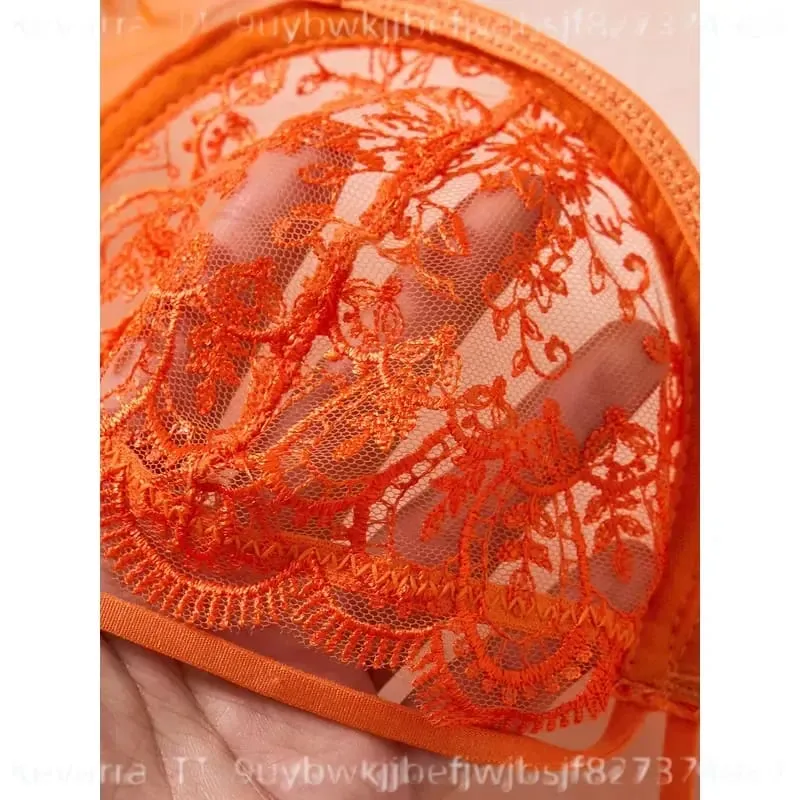 Sexy Orange Lace Lingerie Set Women Push Up Bra and Panty Butterfly Bow Underwear Female Intimates Sleepwear ZA824057