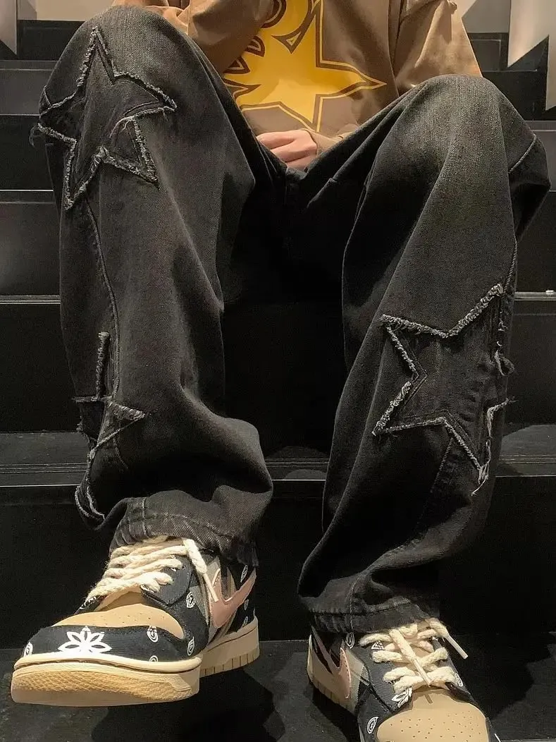 Men's Black Faded Baggy Wide Leg Jeans Raw Edge Star Patch Detail Hip Hop Street Style Casual Daily Going Out Loose Fit Denim Trousers