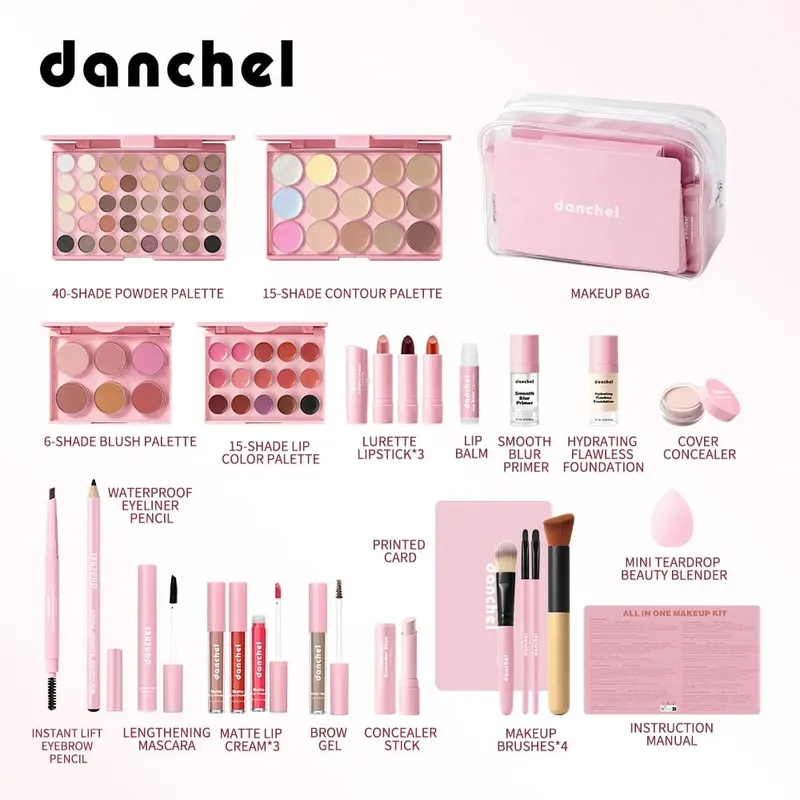 All in One Makeup Kit Lipstick Blush Contour Palette Primer Foundation Brush Lipgloss Eyebrow Full Makeup Kit Gift for Woman