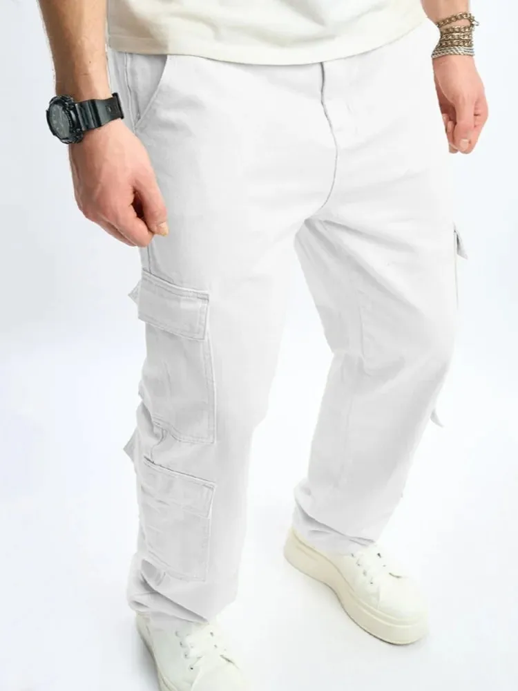 Mens Multiple Pockets Cargo Loose Jeans Streetwear Straight Casual Outdoor Trousers Male Clothing Fashion Denim Pants White — image 5