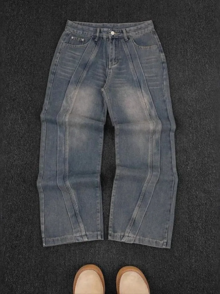 Mens Jeans American Vintage Streetwear Dark Blue Wide Leg Denim Pants Patchwork Contrast Stitch Washed Loose Fit Retro Fashion