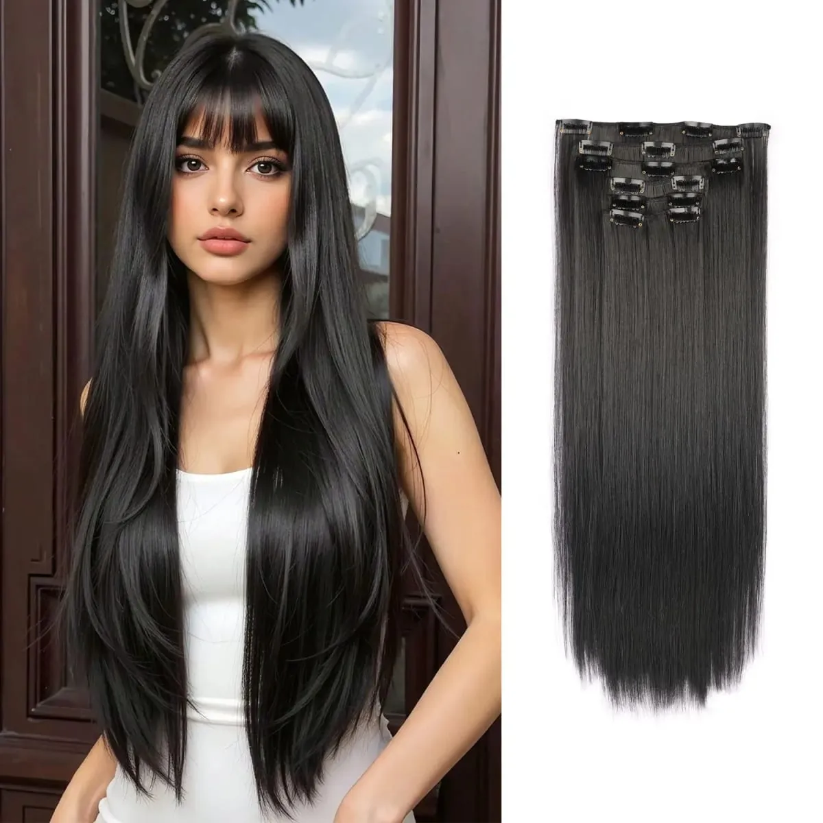 Synthetic Clip in Hair Extensions Clip in 6pcs set Straight Hair 22inch Thick Hairpieces for Women Girls Daily Party — image 10