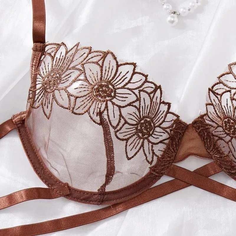 High-End Floral Embroidered Underwire Bra Set Women's Mesh Unlined Bra + Panties