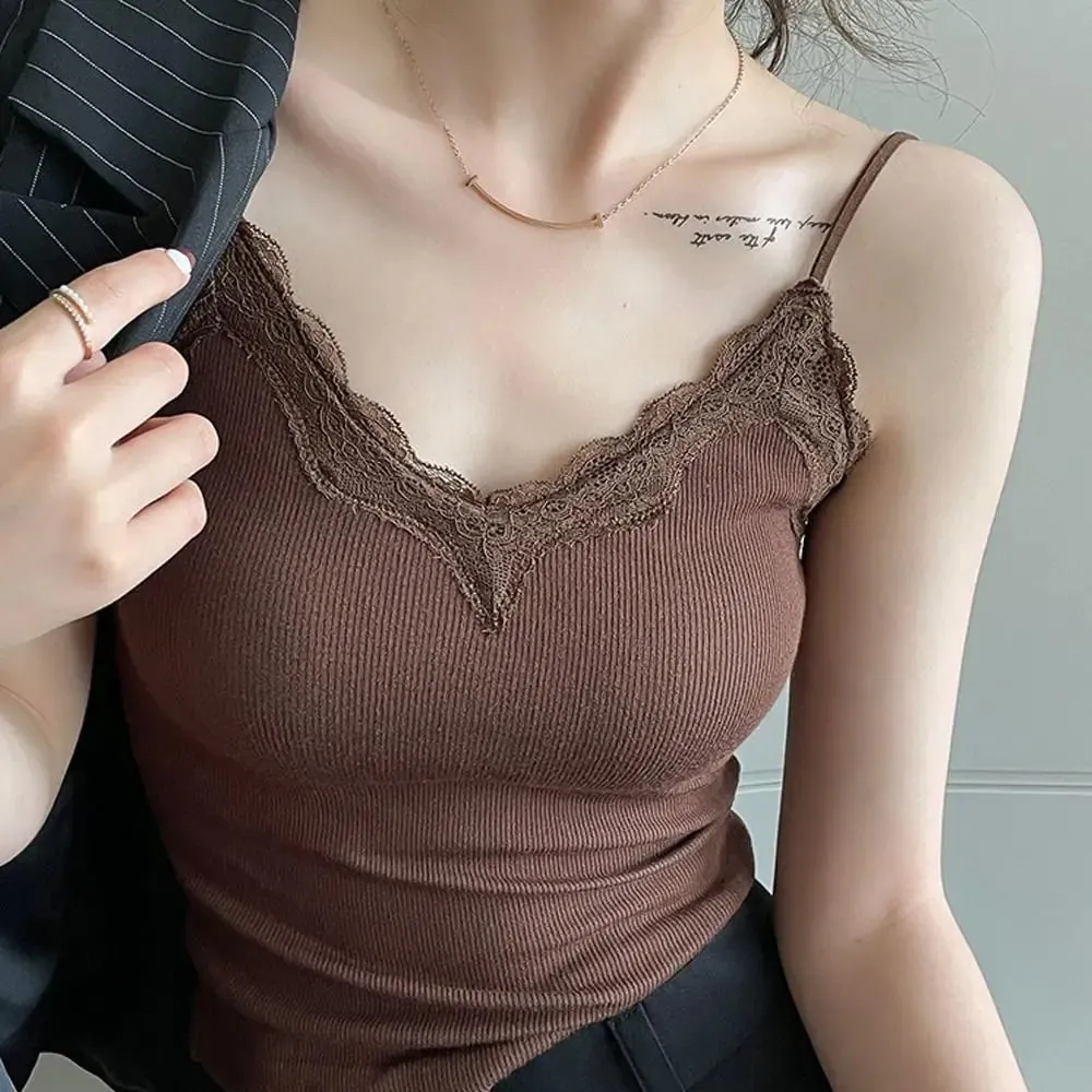 High Quality Fashion Breathable Lace Camisole Strap Bra Solid Color Summer Top Sexy Style Wire-Free Crop Top