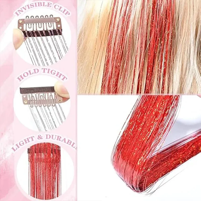 Red Hair Tinsel 12Pcs Clip in Hair Tinsel Kit 22Inch Tinsel Hair Extensions Christmas Hair Tinsel Party Festival Accessories