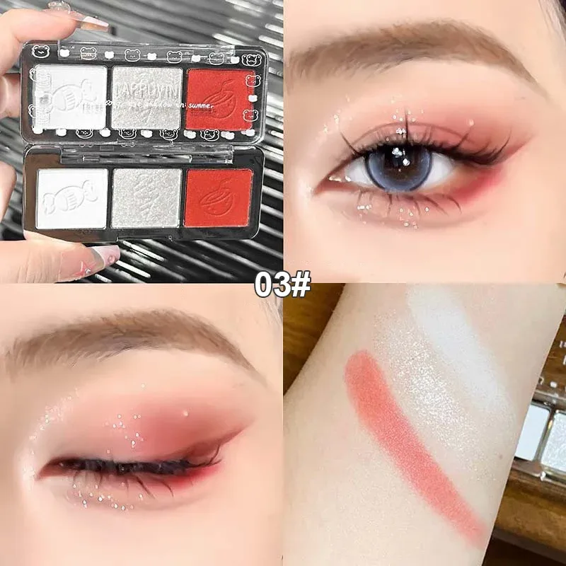 3-Color Glitter Eyeshadow Strip Palette Brightening Waterproof Gradient Mint-green Summer Lying Silkworm Eye Pigment Makeup