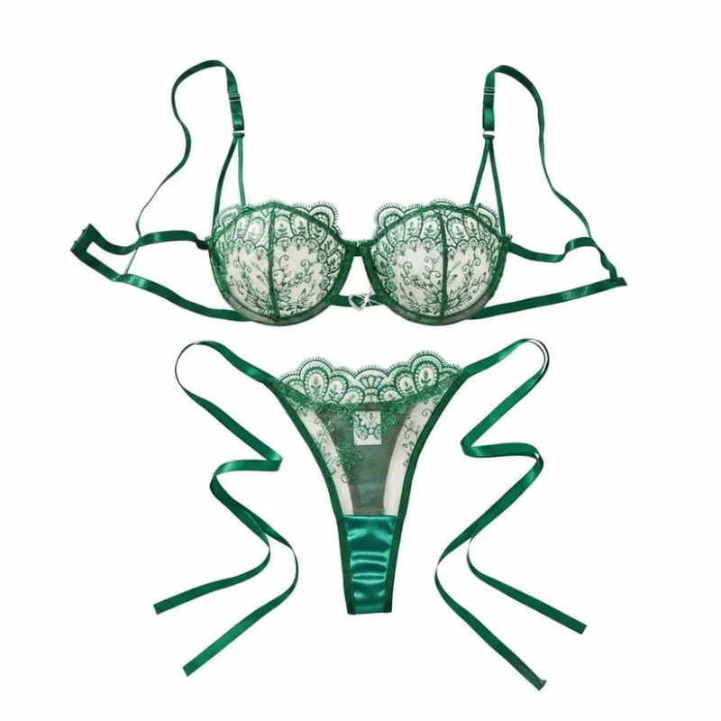 Elegant Floral Embroidery Lace Lingerie Set Lace-up Hollowed-out Thong Bra Suit Mesh Transparent Ultra-thin Underwear Sets Lady