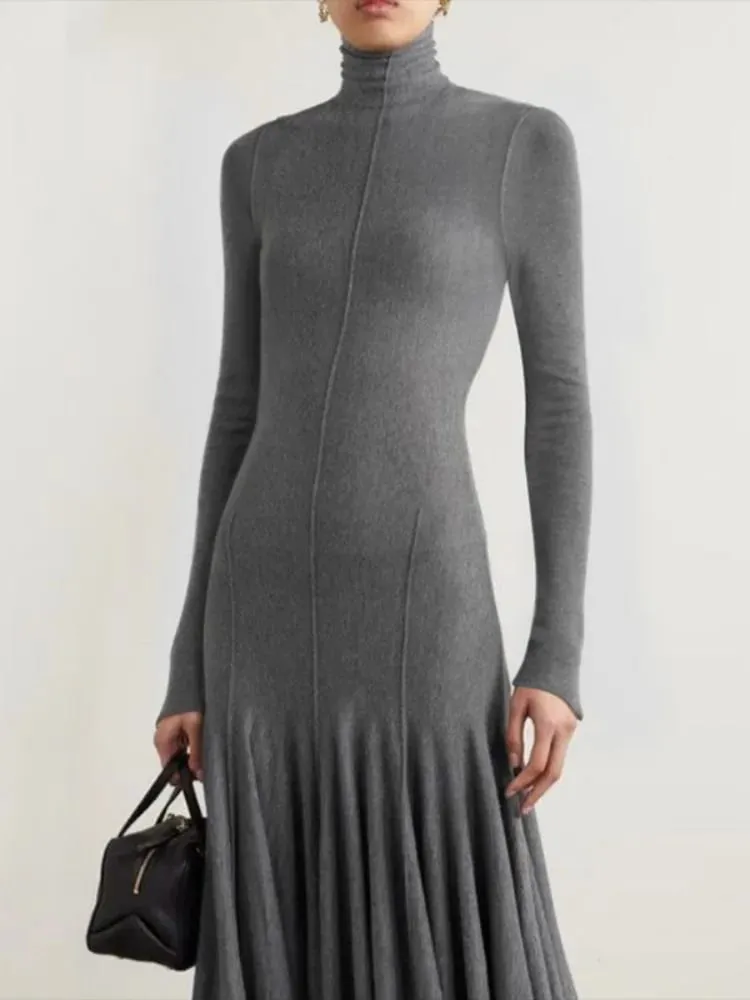 Freeacy Women's Grey Knit Maxi Dress Turtleneck Long Sleeve with Fitted Bodice and Flared Mermaid Skirt Elegant Party Dresses