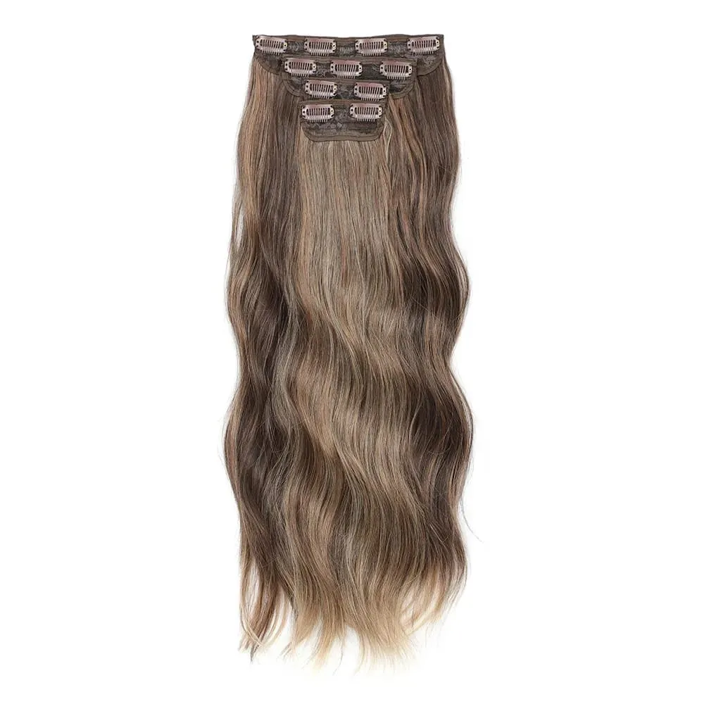 4Pcs/Set 11 Clips 22 Inches 220g Beach Waves Clip in Hair Extensions Sandy Blonde Champagne Heat Resistant Synthetic Hairpiece