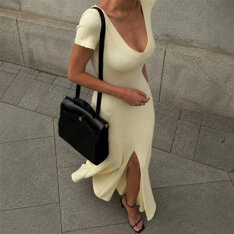 Tsiisd Ribbed Knit Maxi Dress For Women Deep V-Neck Slim High Slit Elegant Patchwork Commute Party Dress Women Knitwear Dress