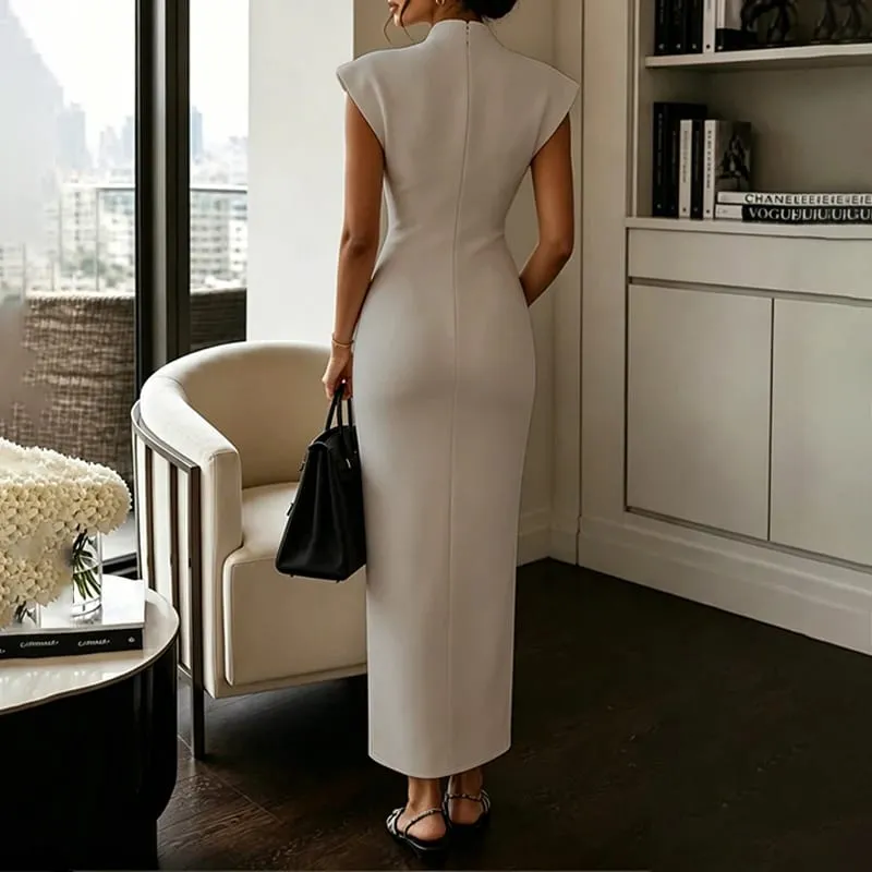 Women's Commuting Evening Party Elegant Gowns Solid Stand Collar V-neck Sleeveless Sheath Maxi Dresses Temperament Clothing