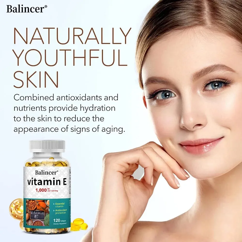 Natural Vitamin E Capsules Antioxidant Supplement Support Skin Hair Nail Heart Brain Cardiovascular & Immune System Wellness