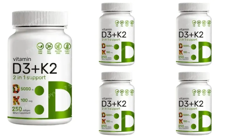 Vitamin D3 K2 Softgels with MK-7 5000 IU Vitamin D3 and 100 mcg Vitamin K2 for Daily Heart Bone & Immune Support 250 Softgels